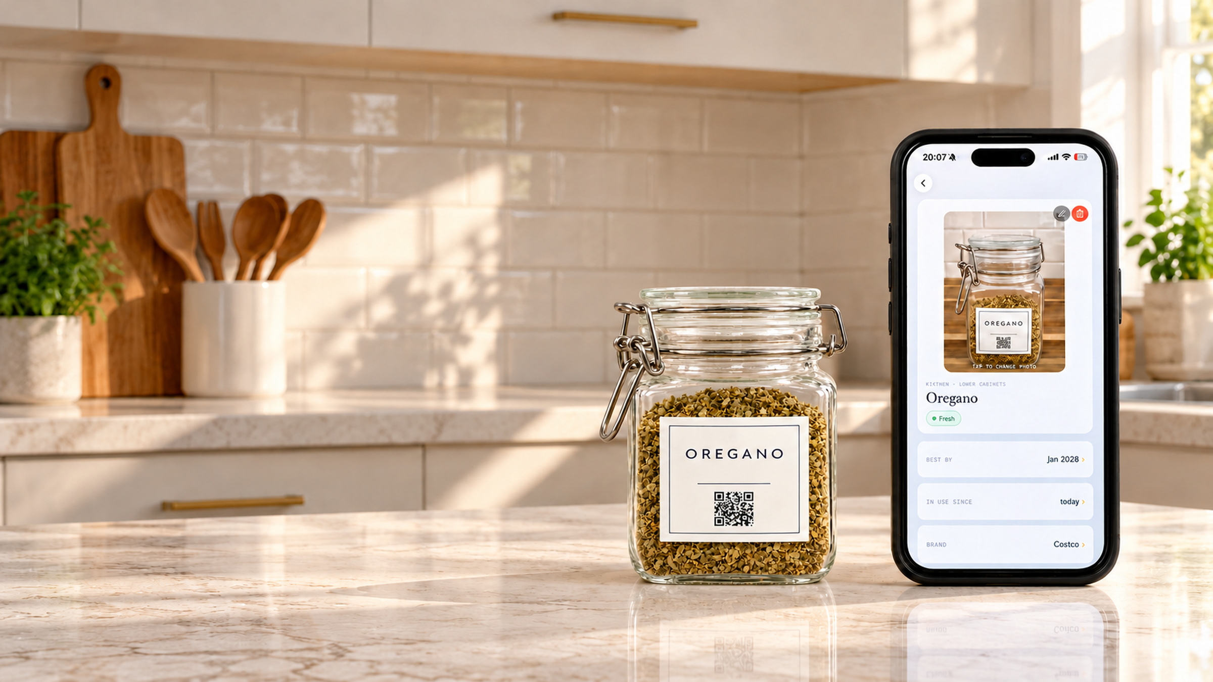 Oregano jar beside its PlaceWell app record in a bright kitchen