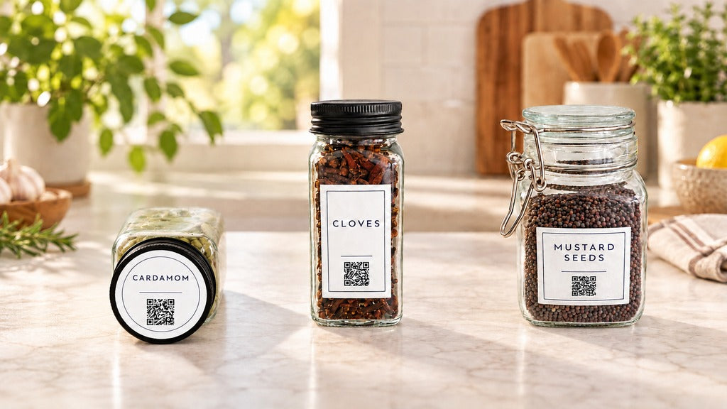 Three PlaceWell labeled spice jars in a bright kitchen